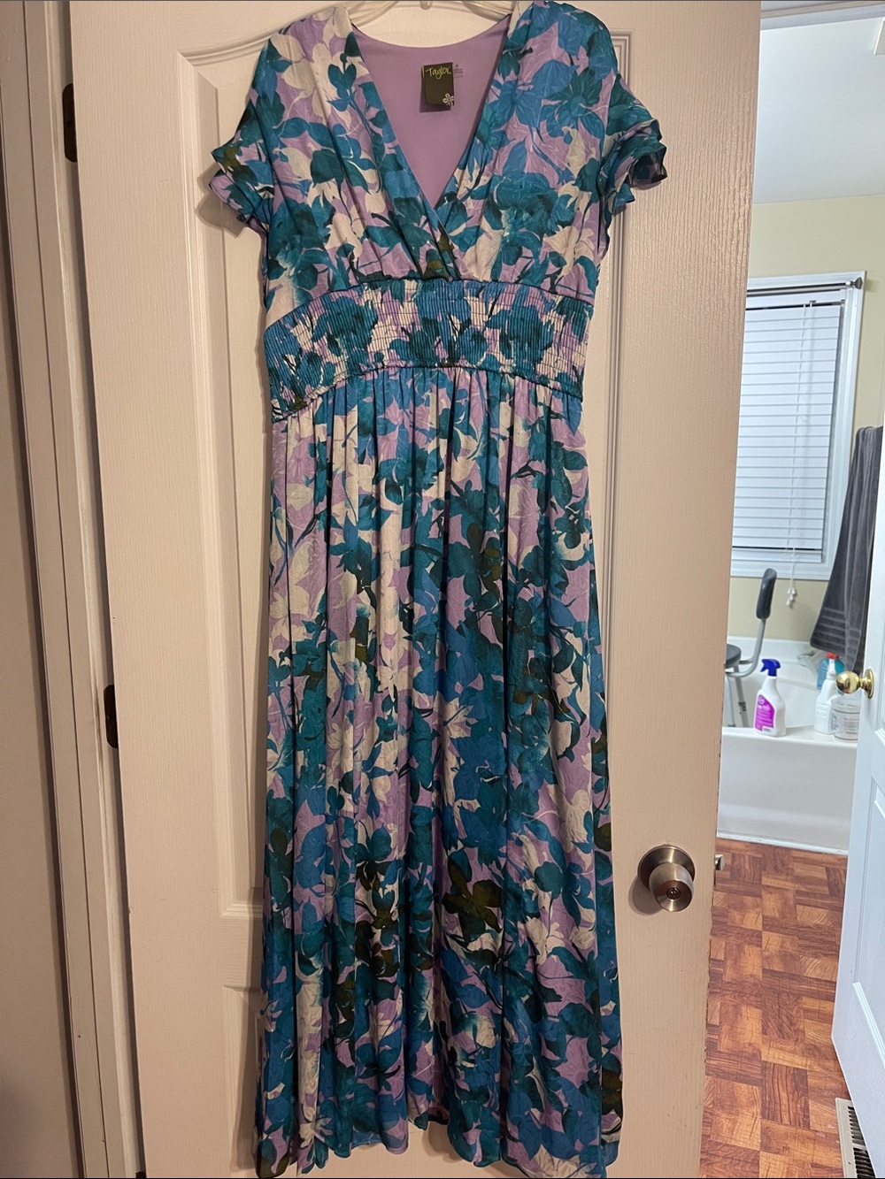 Taylor Teal and Lavender Floral V-Neck Maxi Dress